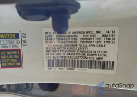 2013 Honda Cr-V Ex-L из США, поврежденный, VIN 5J6RM3H7XDL027235